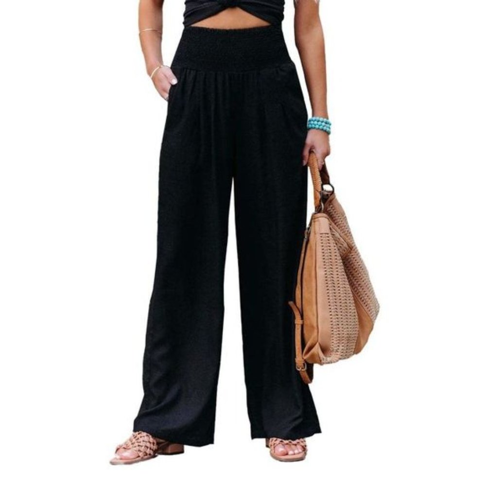 Wide Leg Palazzo Lounge Pants Linen Black
